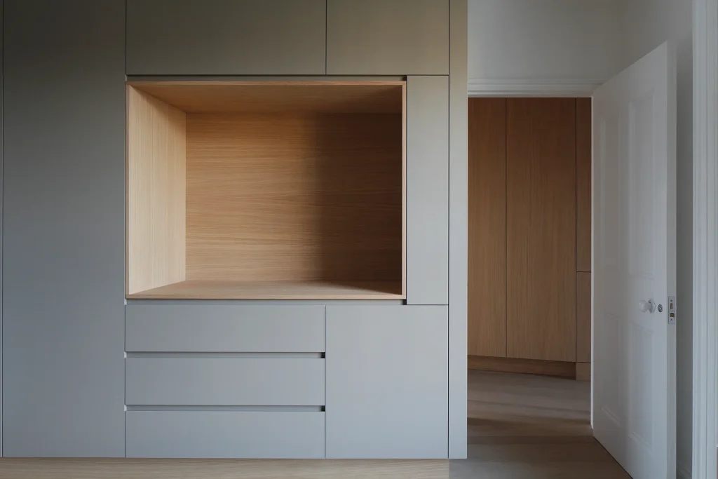 Minimalist interior design featuring a built-in wooden shelf surrounded by gray panels, three drawers below, and an open door leading to another room with elegant wooden elements that showcase exquisite architecture. Map Projects