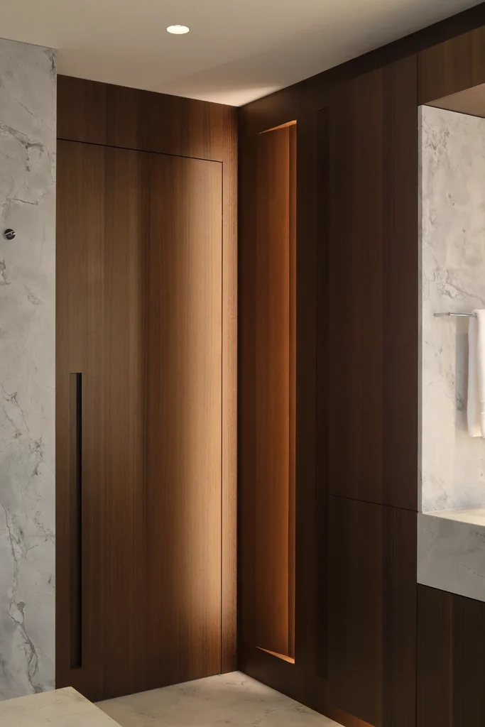 Modern bathroom interior with wooden panels and marble walls, showcasing innovative design with a concealed door and a towel hanging on the wall, reflecting stunning architecture. Map Projects