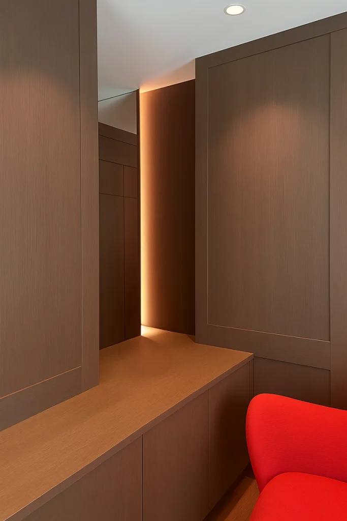 Completed dressing area with full-height timber cabinetry and red upholstered chair