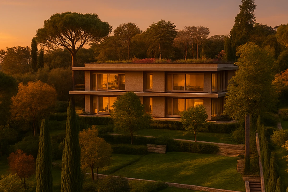 Contemporary hillside villa at golden hour, framed by mature trees and Mediterranean landscaping