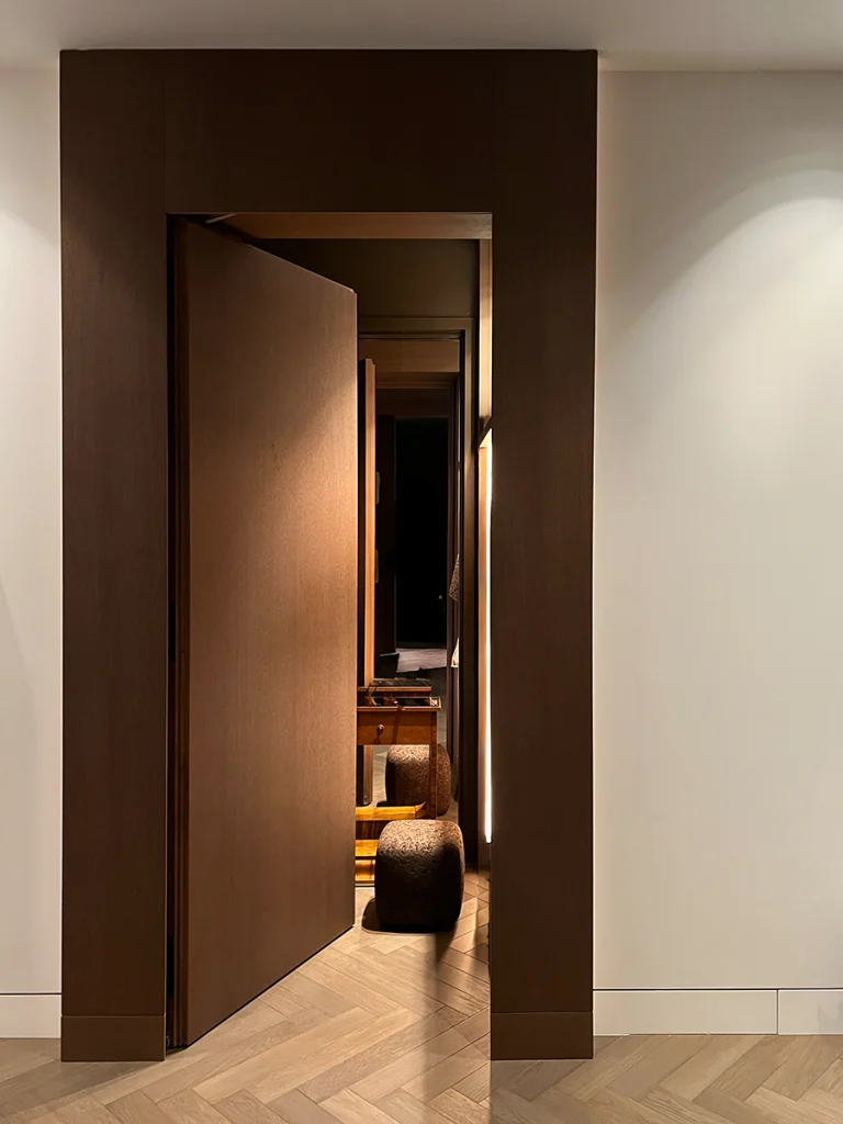 Hallway view into room with ambient lighting